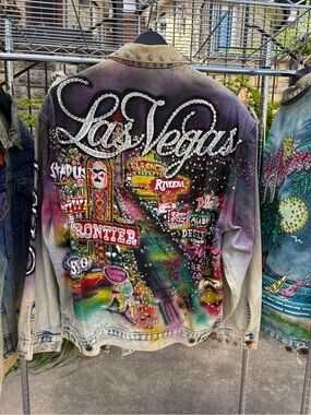 Vintage Tony Alamo 1987 LAS VEGAS Denim Painted Jacket Double Chest Pocket Large